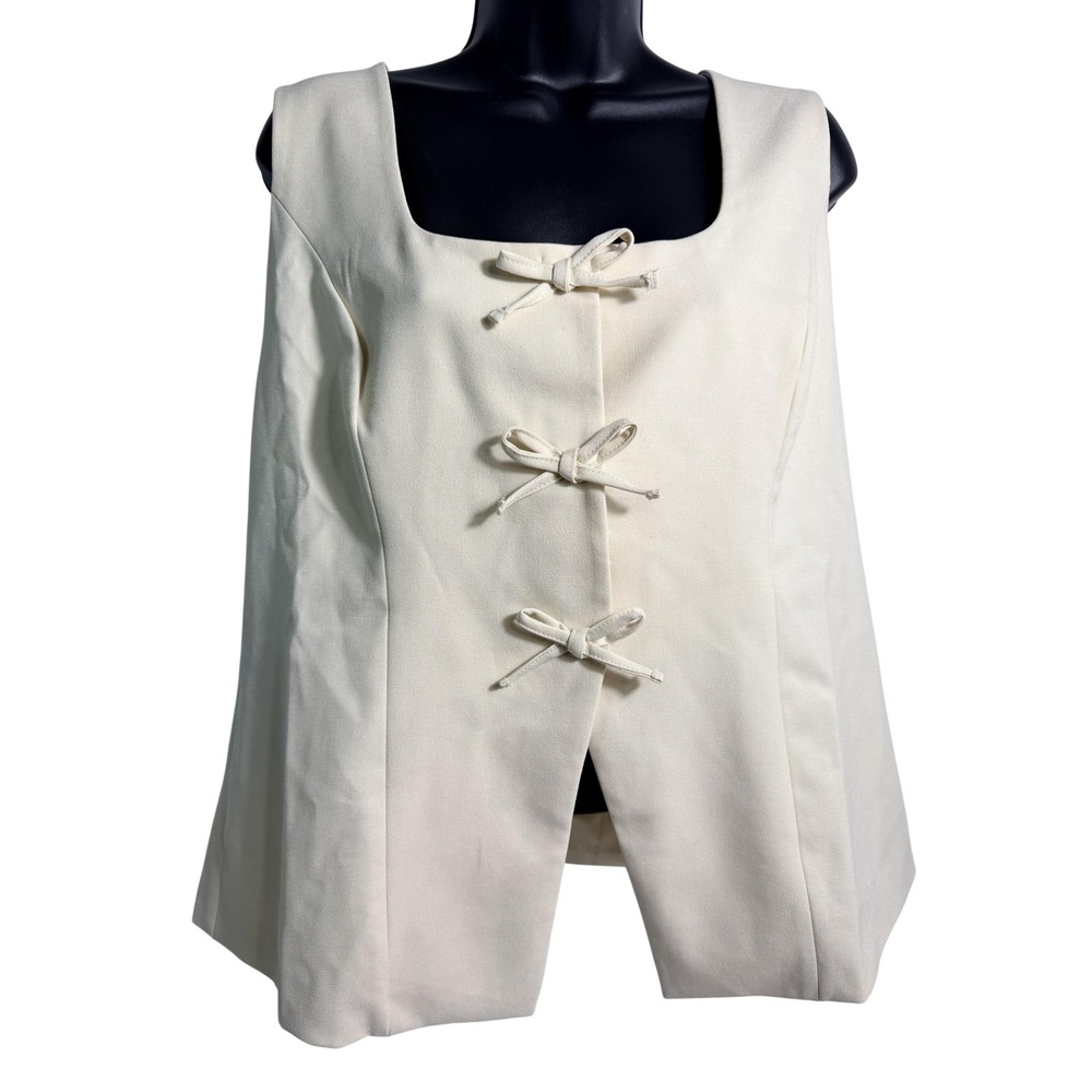 A New Day Blouse Womens Large Beige Square Neck‎ Bow Front Sleeveless Top NWT